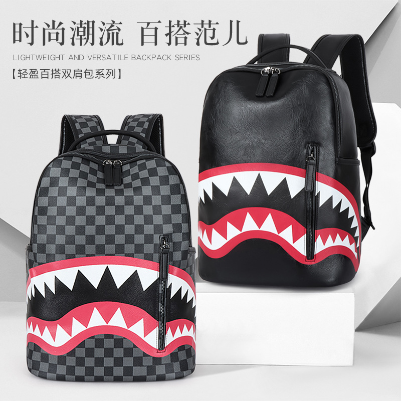 Picture of Cross-border Men's Backpack Travel Bag Fashion Plaid Backpack Student Bag Large Capacity Street Trendy Shark Bag