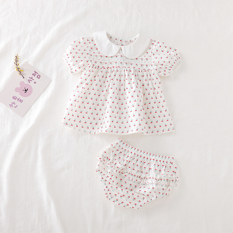Picture of 2025 Summer Korean Style Floral Baby Short-Sleeved Two-Piece Set Small Cherry Kidsren's Split Shorts Girls' Clothes in Stock