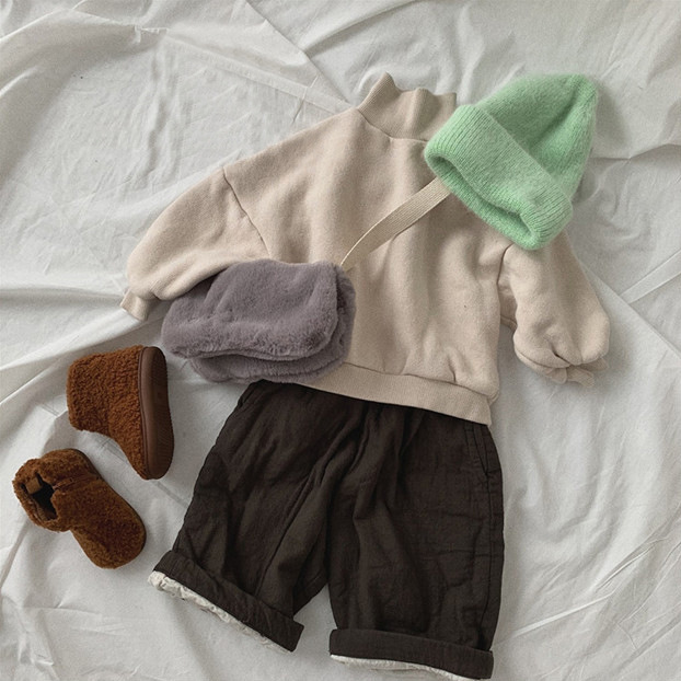 Picture of Winter New Men's and Women's Children's Wear Korean Style Top Loose Shoulder Slip Simple Western Style Solid Color High Collar Fleece Sweater Trendy 3