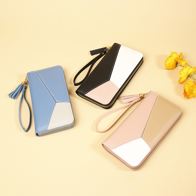 K-Style of 2025 New Women's Wallet Stitching Contrasting Color Long Wallet Women's Zipper Tassel Large Capacity Wallet Wholesale