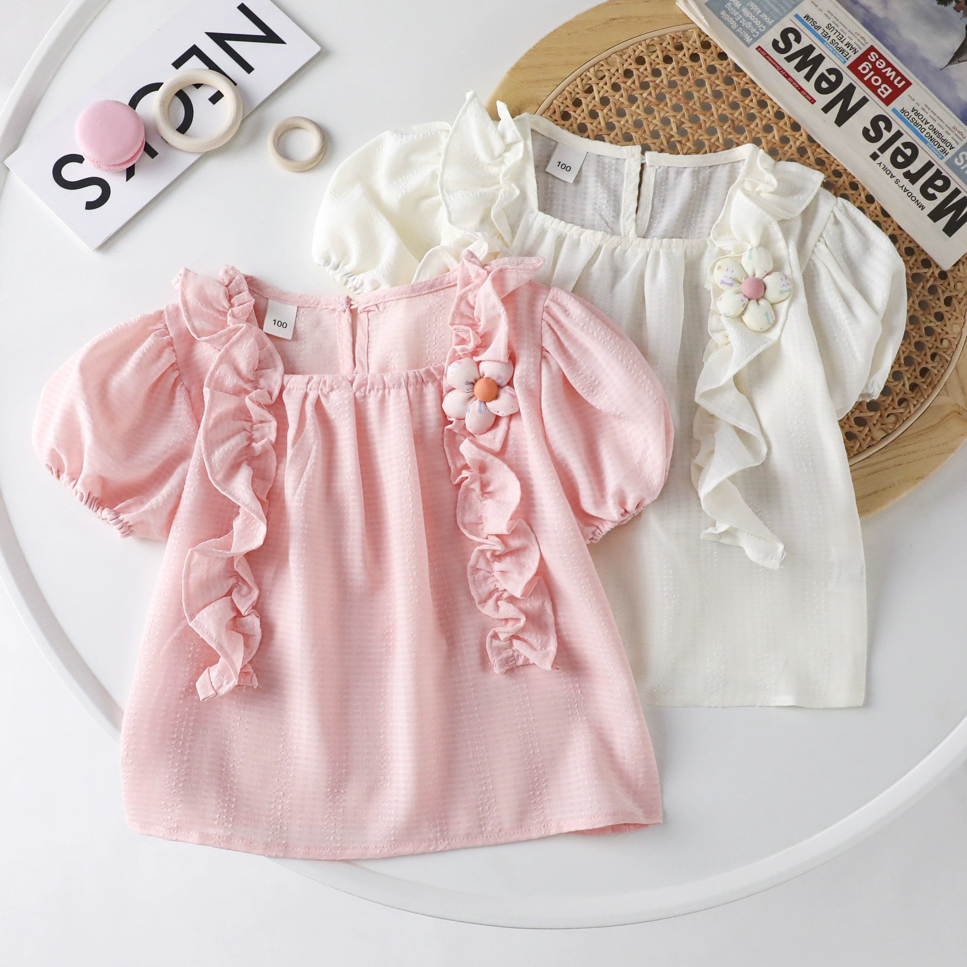 Picture of Girls Summer Shirt 2025 New Baby Girl Fashionable Puff Sleeve Ruffled Princess Style Chiffon Short Sleeve Sun Protection