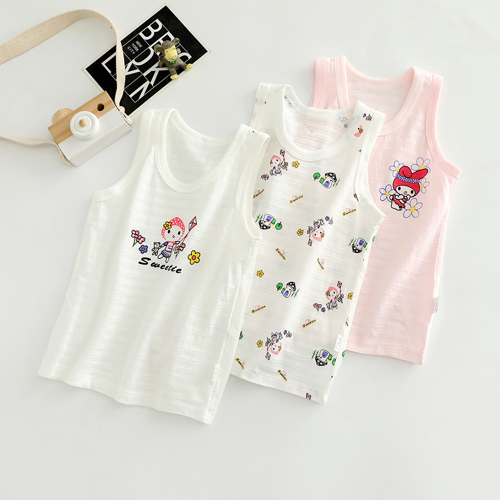 Picture of 3 PCs Summer Slub Cotton Children's Vest Boys and Girls Baby 100 Cotton Cartoon Sleeveless Base Pajamas Lightweight Breathable