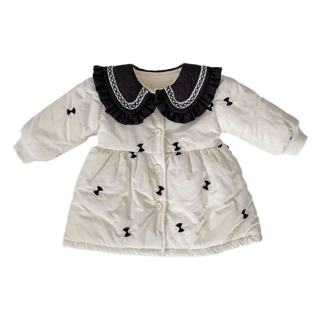 2025 Baby Winter Clothes Cotton Clothes Girls Baby Long Thickened Cardigan Cotton Clothes Western Style Lace Lapel Padded Jacket