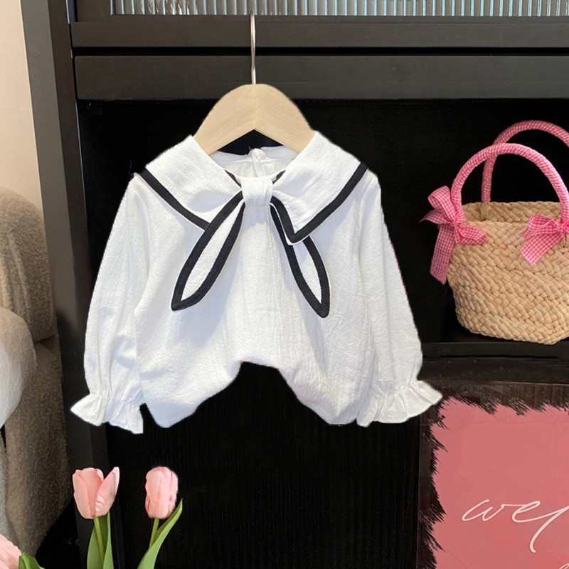 Picture of Girls' Shirt Children's Spring and Autumn Clothes Korean Style Western Style White Lace Shirt with Large Lapel for Baby Long Sleeve Top