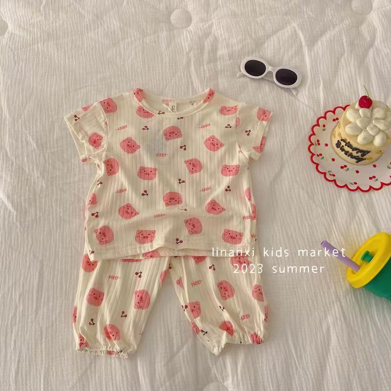 Picture of Ice silk pit 2023 summer new girls wear short sleeve suit baby summer two-piece Korean pajamas