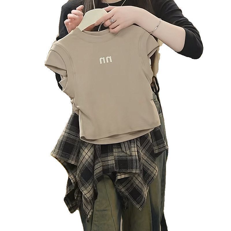 Picture of Girls' Backless T-Shirt and Irregular Plaid Skirt Two-Piece Set 2025 Summer Style Sweet and Cool Style Culottes Suit for Middle and Large Children