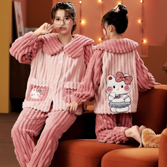 Picture of Children's pajamas autumn and winter flannel girl's parent-child Women's clothing cute cartoon medium and large children's warm homewear