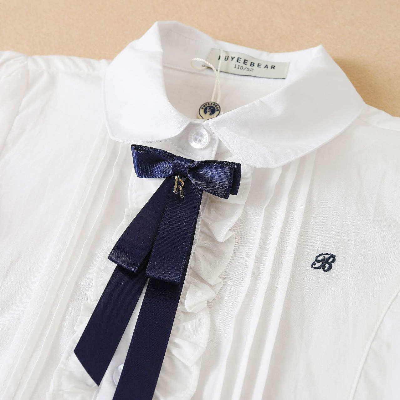 Picture of Girls' Short-sleeved Shirt Spot Summer Korean Style Middle and Big Children's White Bow Pure Cotton Short-sleeved Lapel Children's Shirt