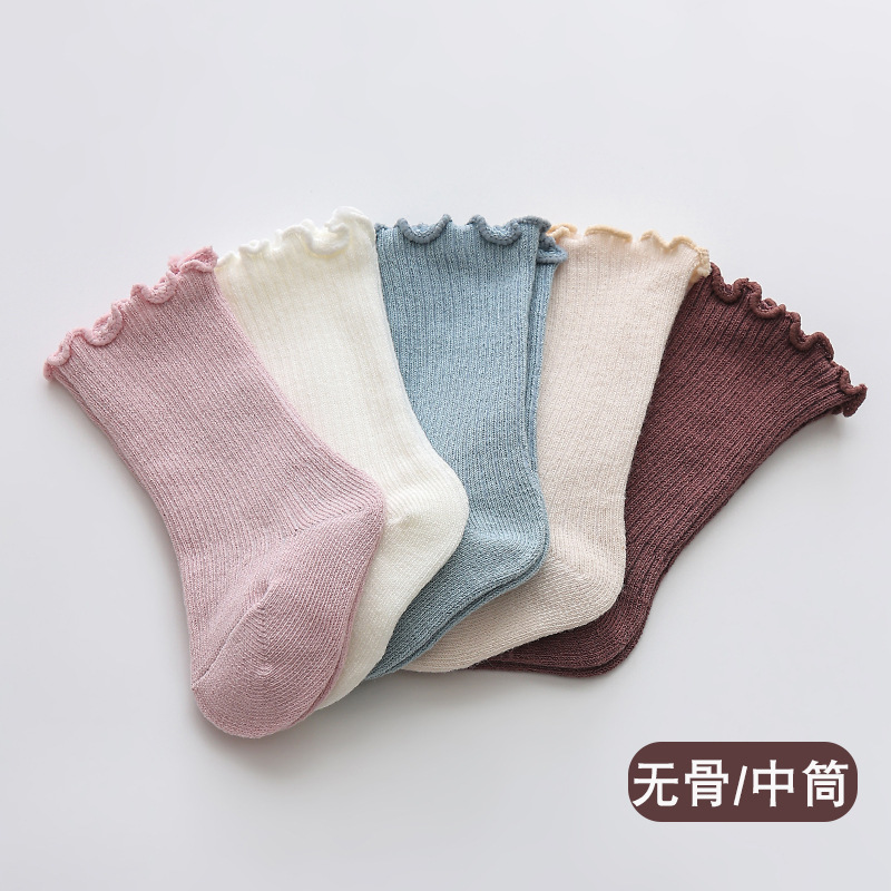 Picture of Baby socks spring and autumn children's mid-calf socks solid color boneless baby socks wide mouth wooden ear boys and girls newborn newborn