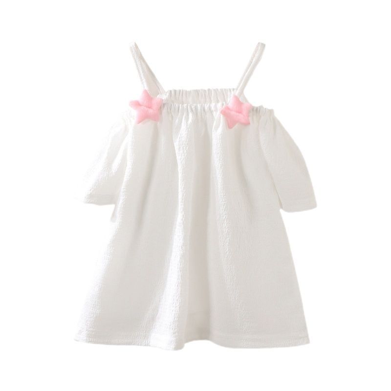 Picture of Girls' short-sleeved T-shirt 2024 new summer baby girls' off-shoulder strap fashionable western style top for infants and children