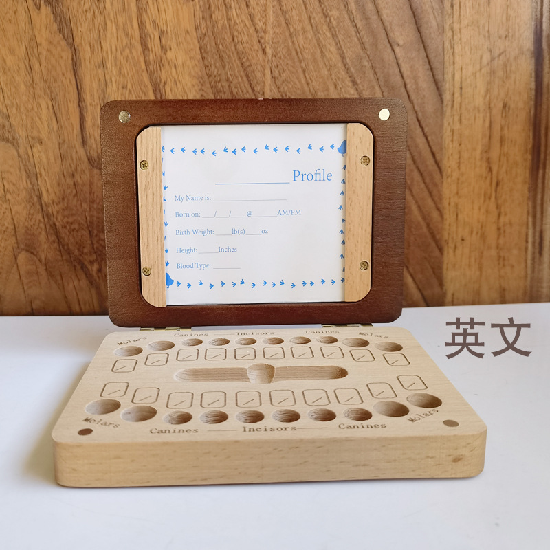 Picture of Wooden cross-border children's boys and girls English photo frame large baby teeth box baby fetal hair baby teeth storage box