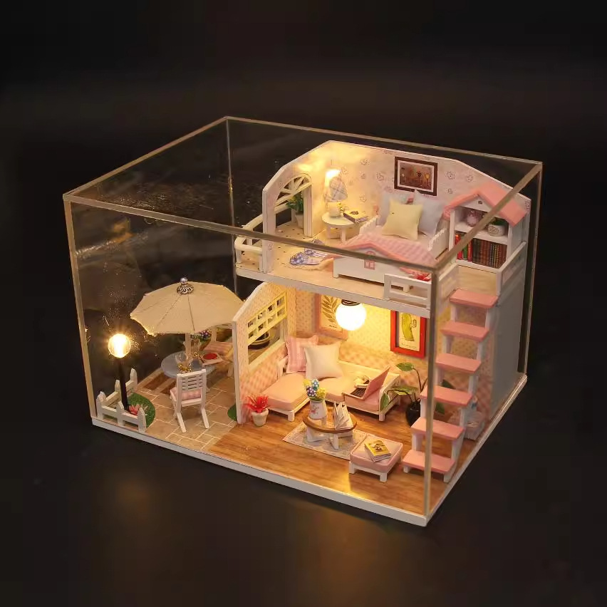 Hongda DIY Cabin Pink Loft Handmade Assembled Mini Villa Model Wooden Diy Cabin Creative Gift