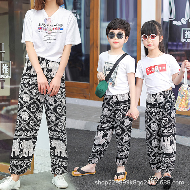 Picture of Parent-Child Bloomers Boys' Beach Pants Girls' Thin Anti-mosquito Pants Comfortable Ice Silk Large Children's Cotton Silk Trousers