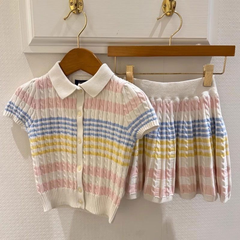 Girls' Colorfulful Knitted Suit New Style Summer Sweet Colorfulful Stripesd Knitted Top and Skirt Two-Piece Set