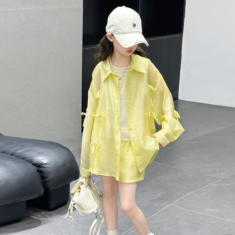 Picture of Girls' Sunscreen suit Summer 2025 New Arrival CUHK Children's Stylist Long-Sleeved Tencel Sunscreen Shorts Three-Piece Trendy Set