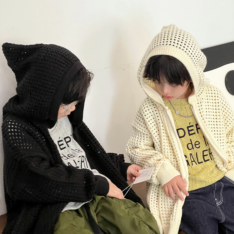 Picture of Children's Cut Out Knitted Cardigan Spring Korean Fashion Medium and Large Kidsren's Hooded Zipper Shirt Boys Pure Color Mesh Jacket