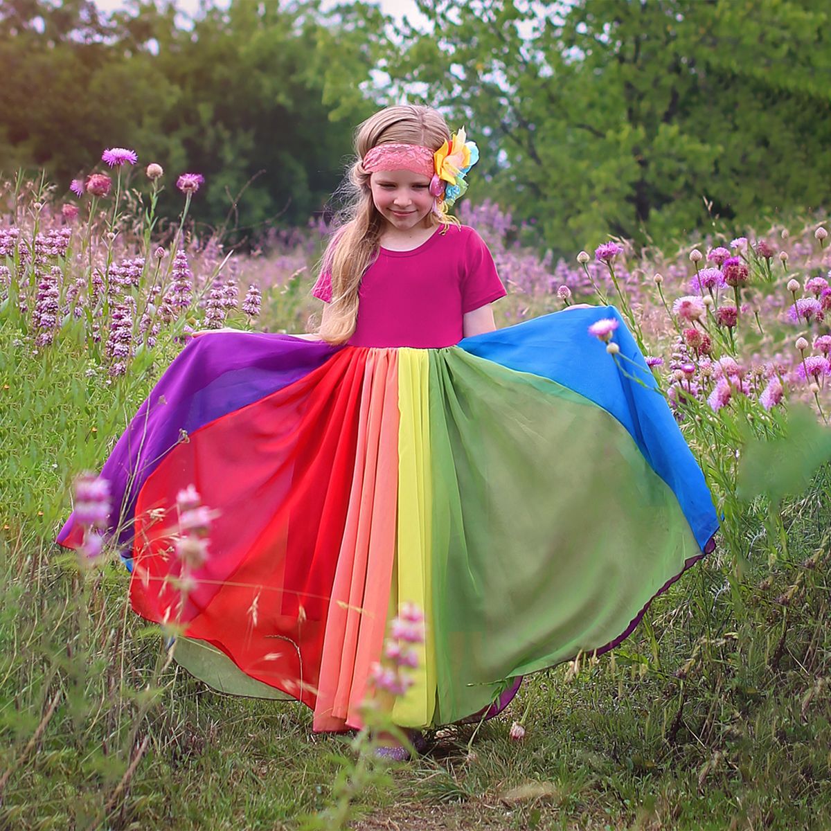 Picture of Foreign trade summer new girls skirt short sleeve rainbow stitching mesh dress girls rainbow princess dress wholesale