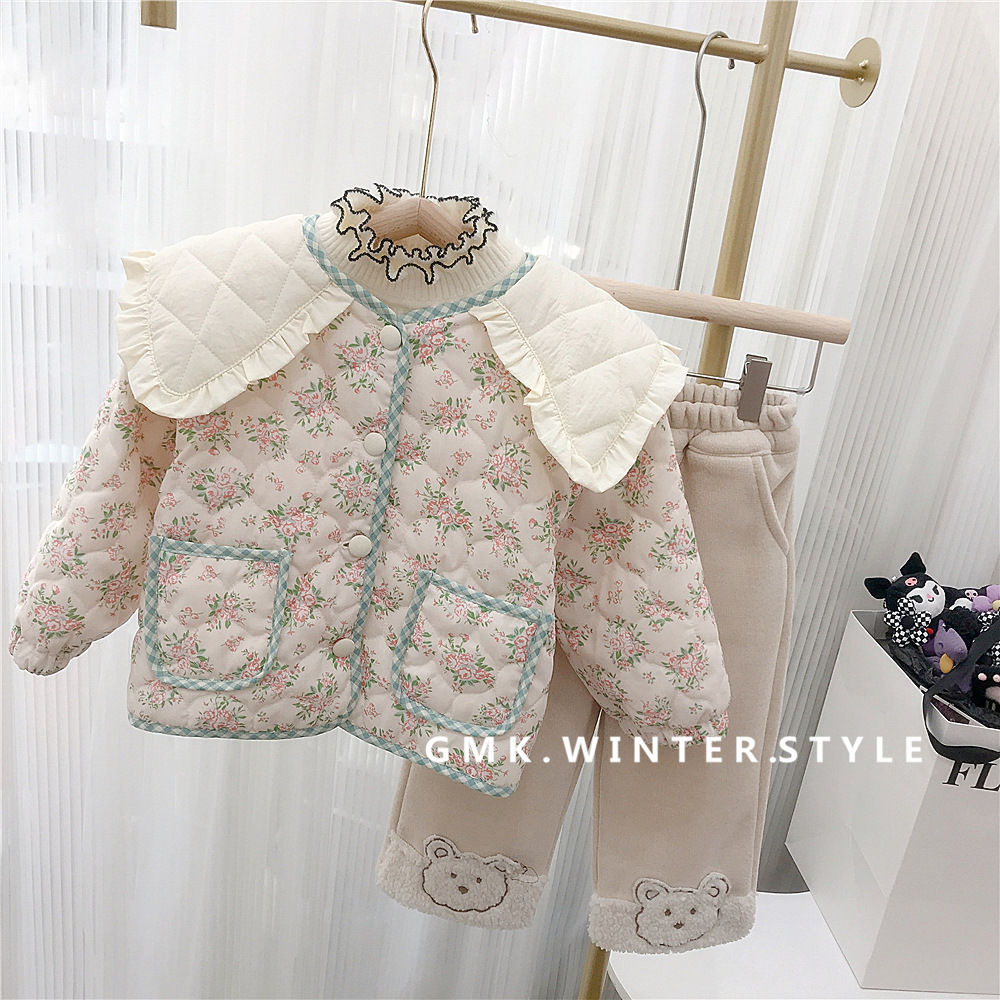 Girls' floral cotton-padded coat Winter Children's western style sweet large lapel quilted coat baby girls' warm cotton-padded coat foreign trade