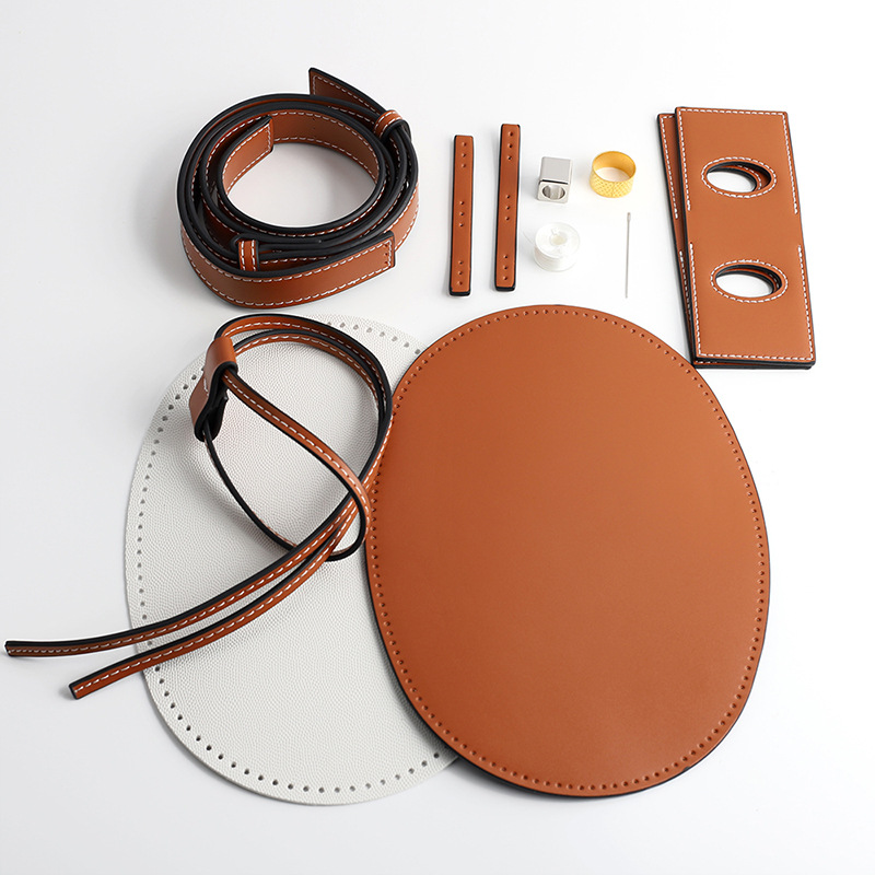 Picture of Brown bag bottom drawstring diagonal bag with Straw Hollow lotus leaf bag accessories woven handmade diy material bag