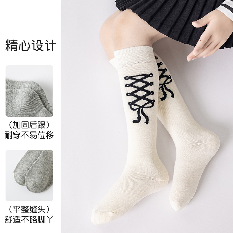 Picture of Girls' calf socks black and white gray bow high socks 3-12 years old girls' pile socks autumn children's socks