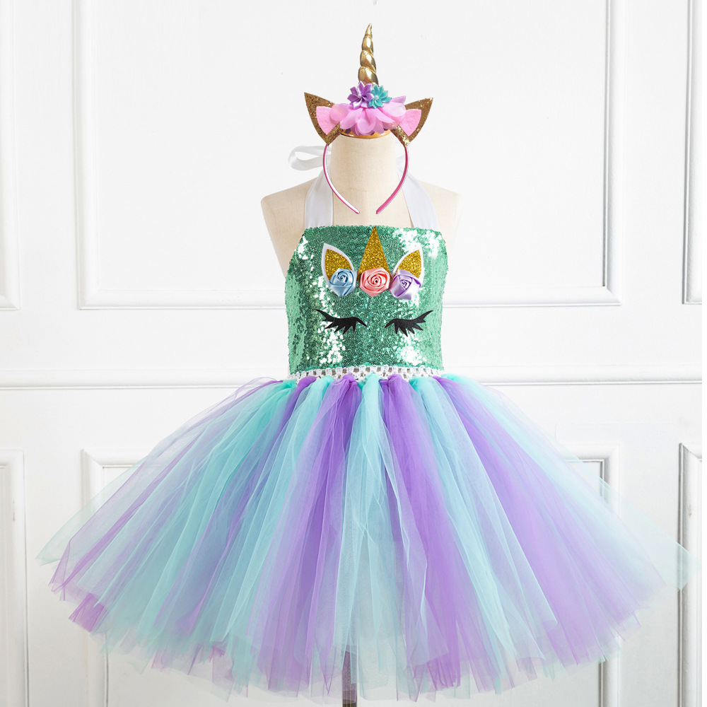 Picture of European and American Children's Clothing Sequin Mesh Handmade Girl's Dress Children's Performance Dress Princess Dress One-Corner Headwear