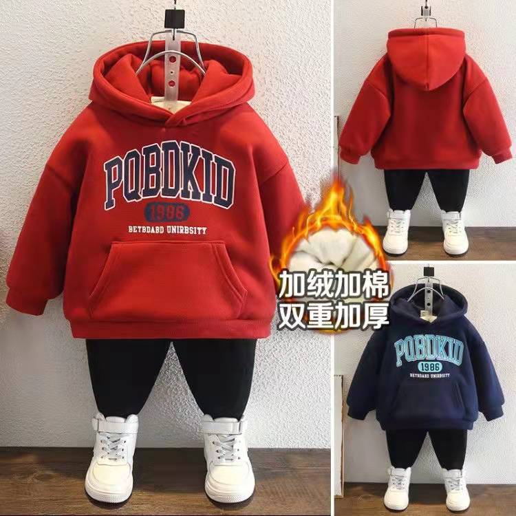Picture of Children's Winter Clothing for Boys, Hooded Sweatshirt with Fleece, Thickened Winter Outfit for Toddlers and Young Children, Integrated Fleece Top, Children's Warm Jacket