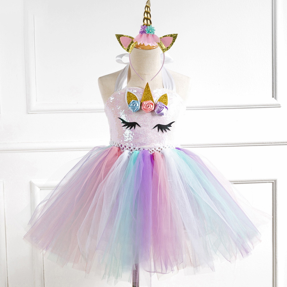 Picture of European and American Children's Clothing Sequin Mesh Handmade Girl's Dress Children's Performance Dress Princess Dress One-Corner Headwear
