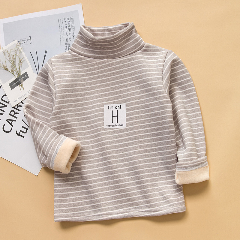 Picture of 2025 Kidsren's Bottoming Shirt Half Turtleneck Fleece-Lined Stripesd Long-Sleeved Warm Top for Boys and Girls Trbottomy Korean Style Autumn and Winter Kidsren's Clothing