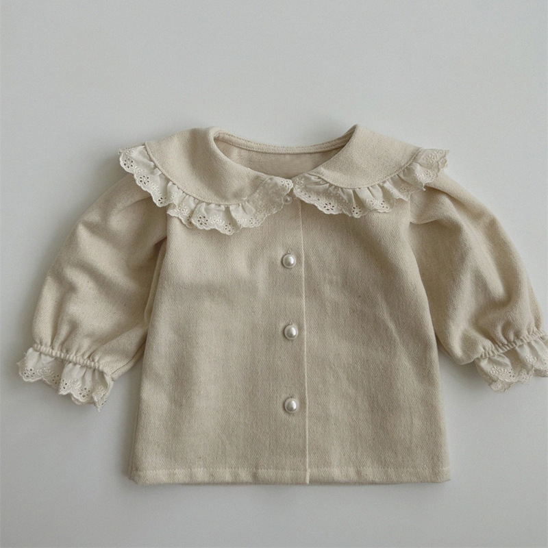 Picture of Ins Girls' Baby Spring New Style Shirt Top Western Style Lace Lace Long Sleeve Girls' Cardigan Shirt