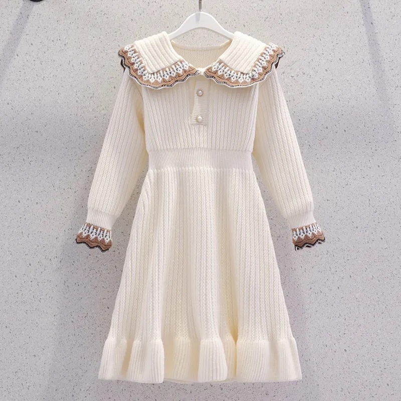 Girls' Fragrant Style Sweater Dress Autumn and Winter Mid-Big Kids Stylish Lapel Sweater Knitted Dress Winter Inner Skirt