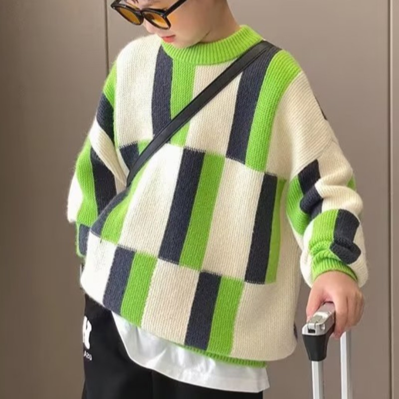 Boys' Sweater 2024 Winter New Western Style Middle and Large Children's Sweater Korean Style Retro Boys Coat Children's Sweater