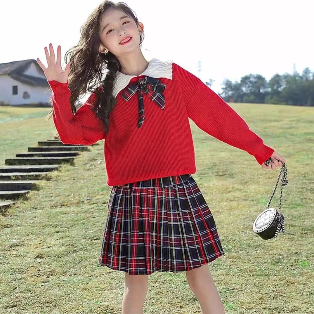 Picture of Girls' autumn clothes suit winter new children's knitted two-piece college style sweater short skirt western style girls' skirt