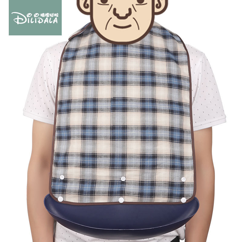 Picture of Adult Pure Cotton Plaid Bib Dining Bib Adult Double-Sided Food Bucket Elderly Adult Slippery Bucket Waterproof