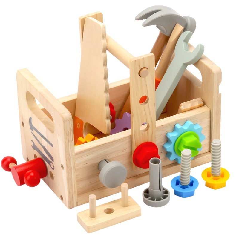 Children's wooden portable toolbox play house toys kindergarten baby early education puzzle screw nut repair box
