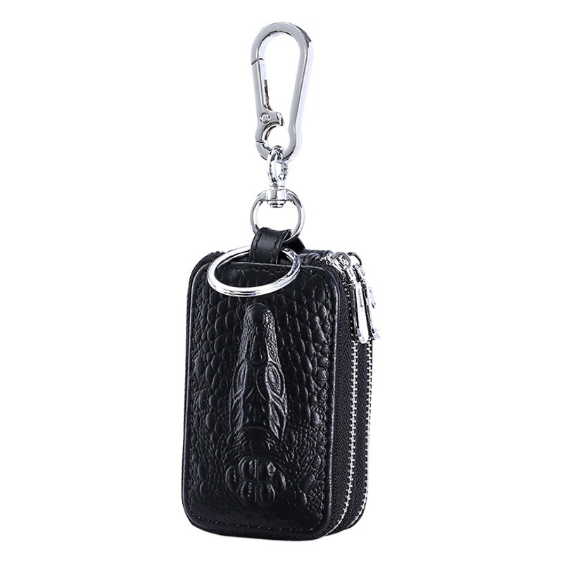 Genuine Leather Double-Layer Key Bag for Men with Crocodile Pattern Waist Hanging Car Key Cover Couple Zipper Universal Key Bag Storage