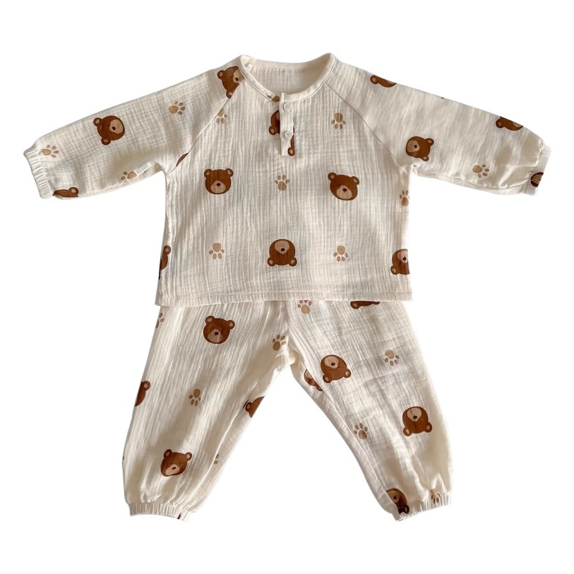 Baby's Pajamas Spring and Autumn Bear Boy's Pure Cotton Home Clothes Long Sleeve Small and Medium Children's Air-conditioning Clothes Breathable Gauze suit