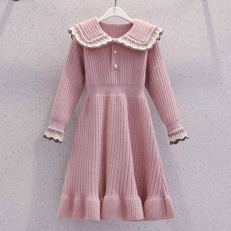 Picture of Girls' Fragrant Style Sweater Dress Autumn and Winter Mid-Big Kids Stylish Lapel Sweater Knitted Dress Winter Inner Skirt