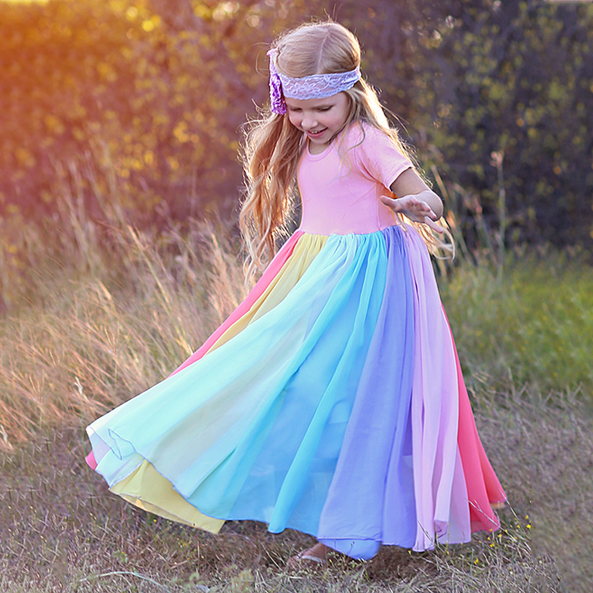 Picture of Foreign trade summer new girls skirt short sleeve rainbow stitching mesh dress girls rainbow princess dress wholesale