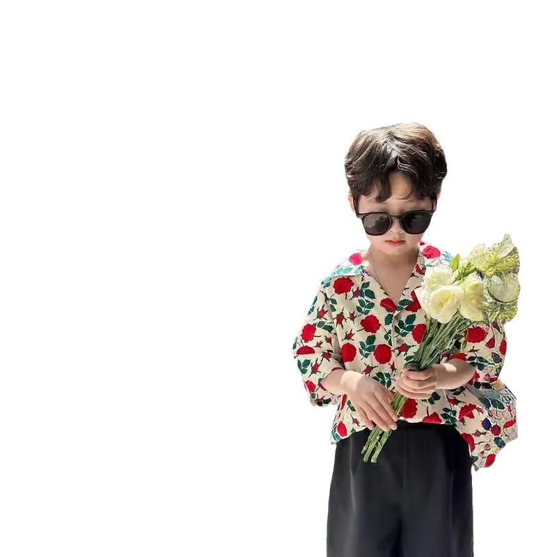 Picture of Boys Flower Shirt suit Summer 2024 New Baby Top Fried Street Handsome Children's Short-sleeved Shirt Trendy