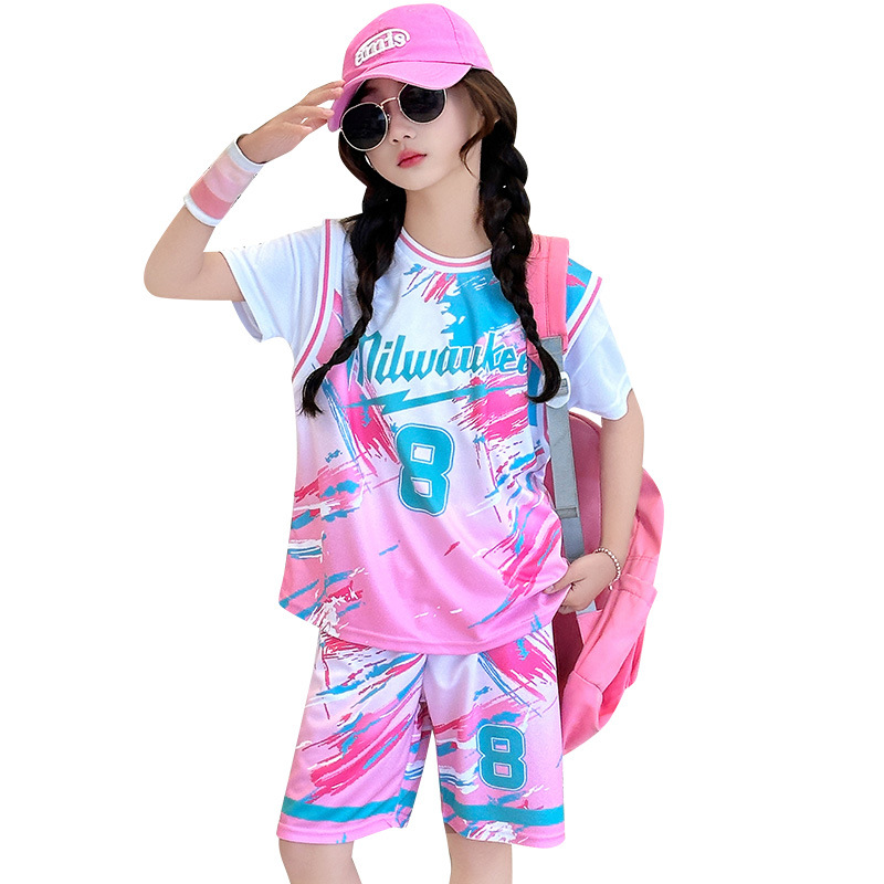 Picture of Summer Children's Short-Sleeved Basketball Uniform Suit Jersey Boys and Girls Youth Quick-Drying Sportswear Shorts Two-Piece Set