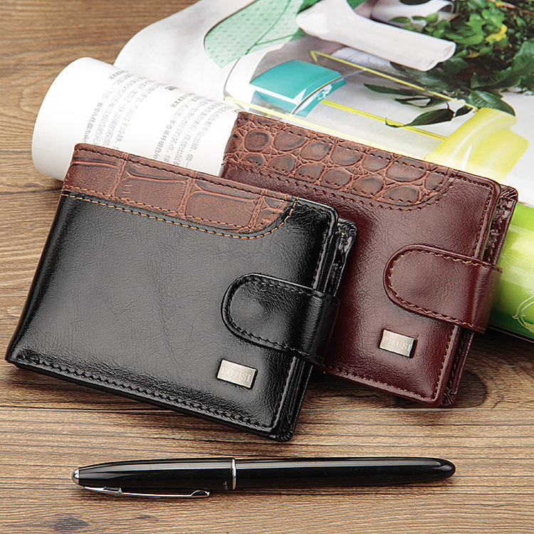 Picture of Factory direct men's small card bag European and American buckle short money clip stitching coin purse horizontal leather wallet men's