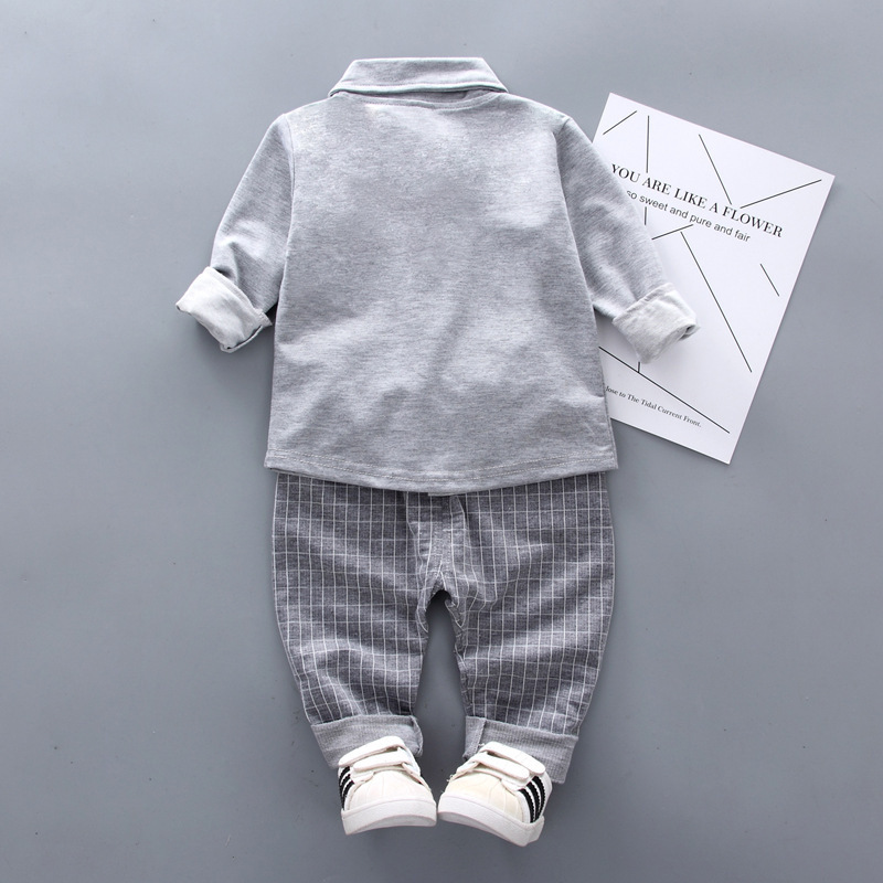 Picture of Spring new Korean version of new children's clothing Korean version of boys and girls Children's suit children's long sleeve two-piece bow tie shirt wholesale tide