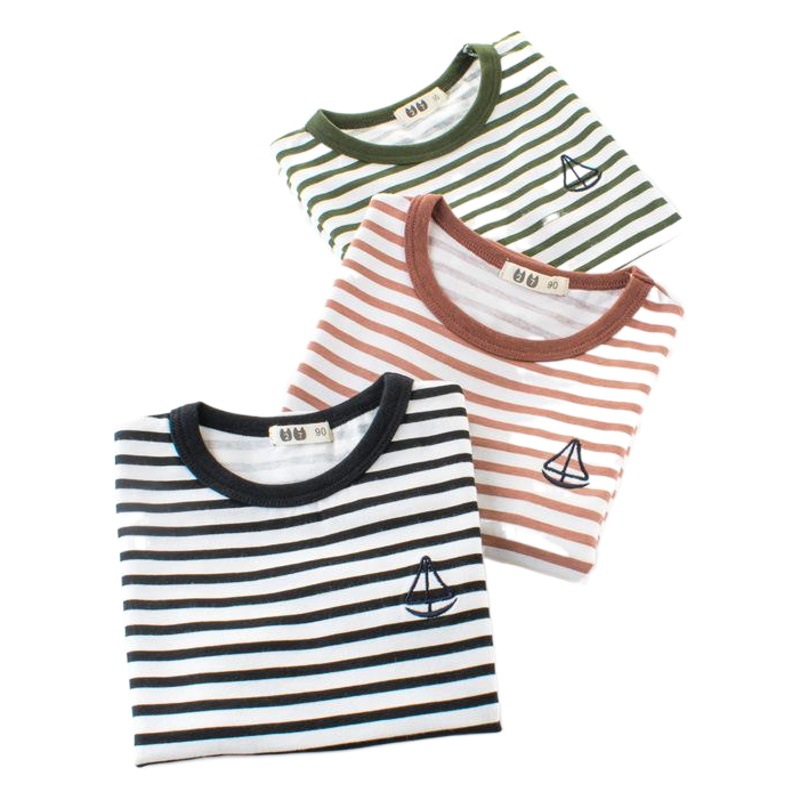 2025 Summer New Kidsren's Stripesd T-Shirt Lycra Cotton Boys Short-Sleeved Bottoming Shirt Baby Clothes European and American Kidsren's Clothing