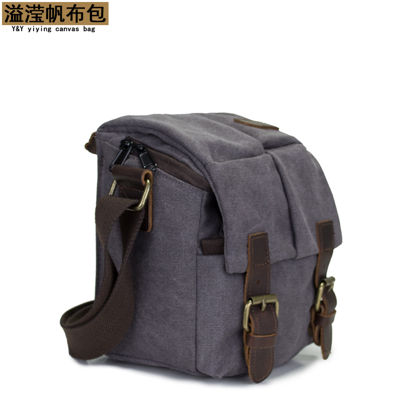 Picture of Canvas Collocation Crazy Horse Leather Camera Bag Crossbody Camera Case Micro-single Multi-functional Foreign Trade Retro Camera Bag