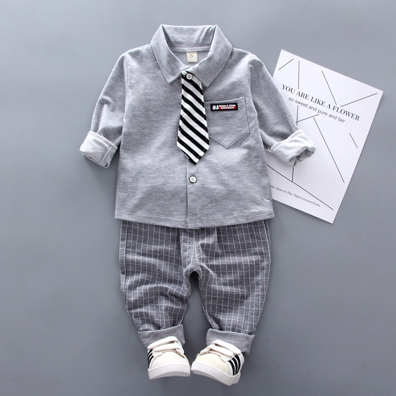 Picture of Spring new Korean version of new children's clothing Korean version of boys and girls Children's suit children's long sleeve two-piece bow tie shirt wholesale tide