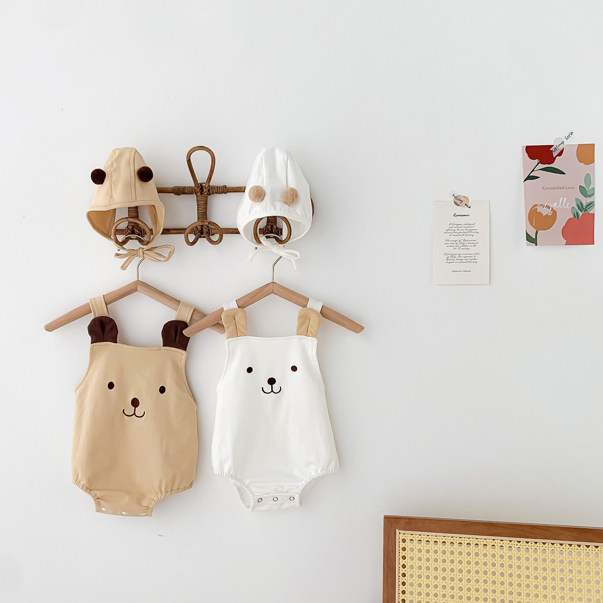 Picture of 2025 Baby Clothes Summer Cute Bear Sleeveless Sling Bag Fart Clothes for Boys and Girls, Two Sets of Hats