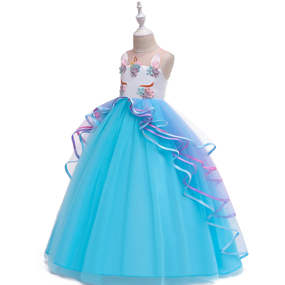 Picture of 2024 Older Children's Long Dress Colorful Mesh Cake Puff Skirt Unicorn Princess Dress Holiday Performance Dress