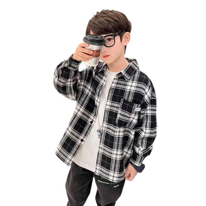 Picture of Boys' Shirt Spring and Autumn 2024 New Children's Shirt Large Children's Plaid Lapel Korean Casual Spring Top