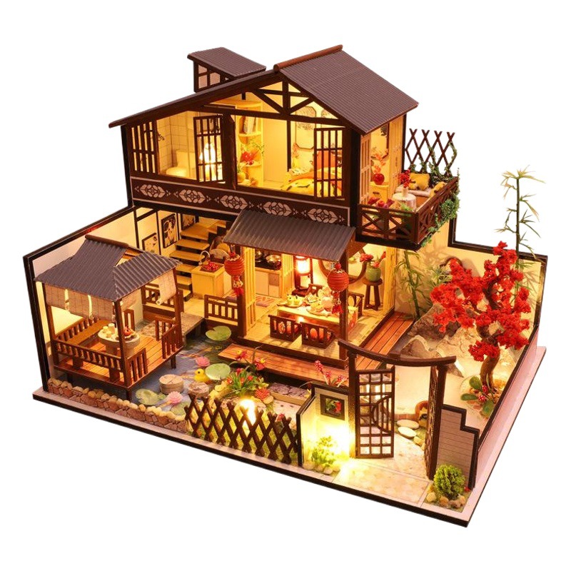 Creative Chinese Style diy cottage Linqi guju wooden hand-assembled large villa attic female birthday gift