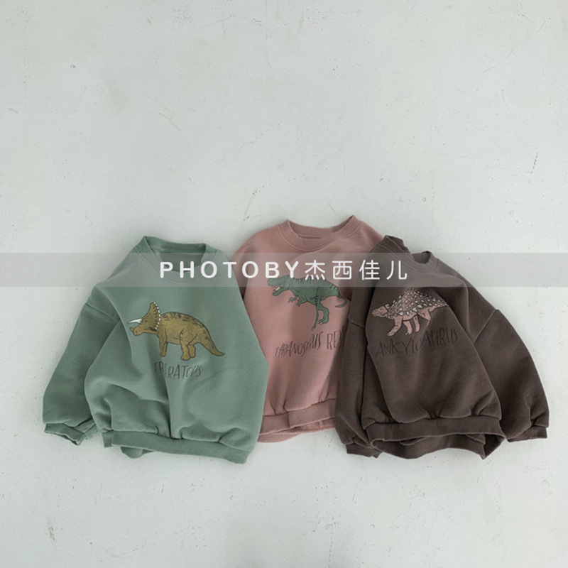 Picture of Infants and Young Children Korean Style Winter New Top for Boys and Girls Baby Western Style Cute Dinosaur fleece-lined Loose Casual Sweatshirt